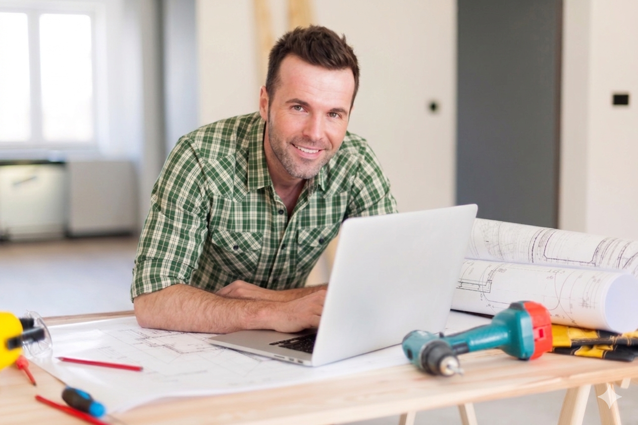 Smiling contractor at work, looking at camera